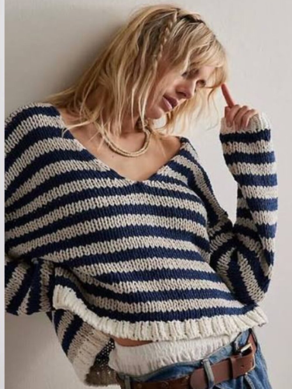 Free People Striped Portland Pullover Sweater Denim Island Combo XS